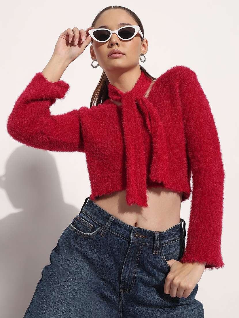 women solid long sleeve crop top with scarf  - 21983027 -  Standard Image - 1