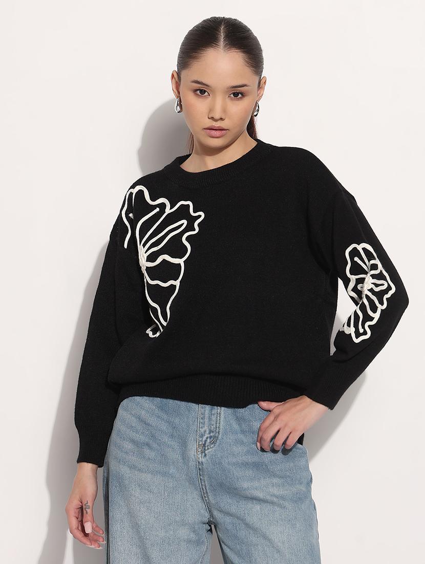 women black embroidered long sleeve pullover - 21983032 - Standard Image - 1