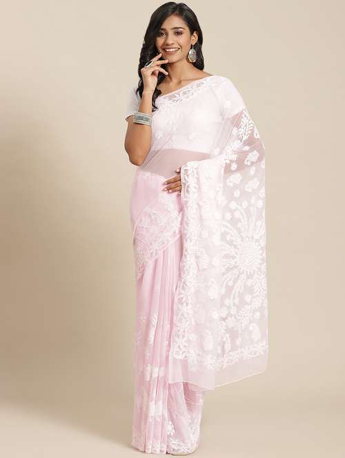 women solid with work chikankari saree with blouse - 21983048 -  Standard Image - 0