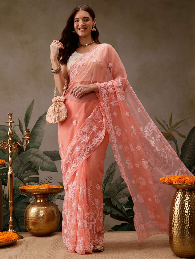 women solid with work chikankari saree with blouse