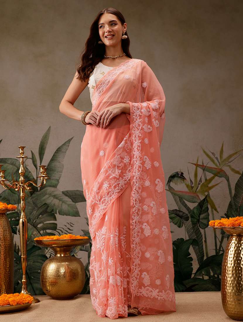 women solid with work chikankari saree with blouse - 21983052 -  Standard Image - 1
