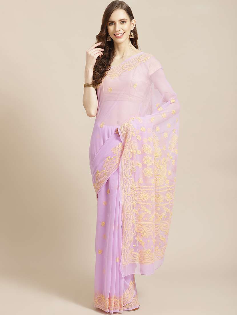women solid with work chikankari saree with blouse