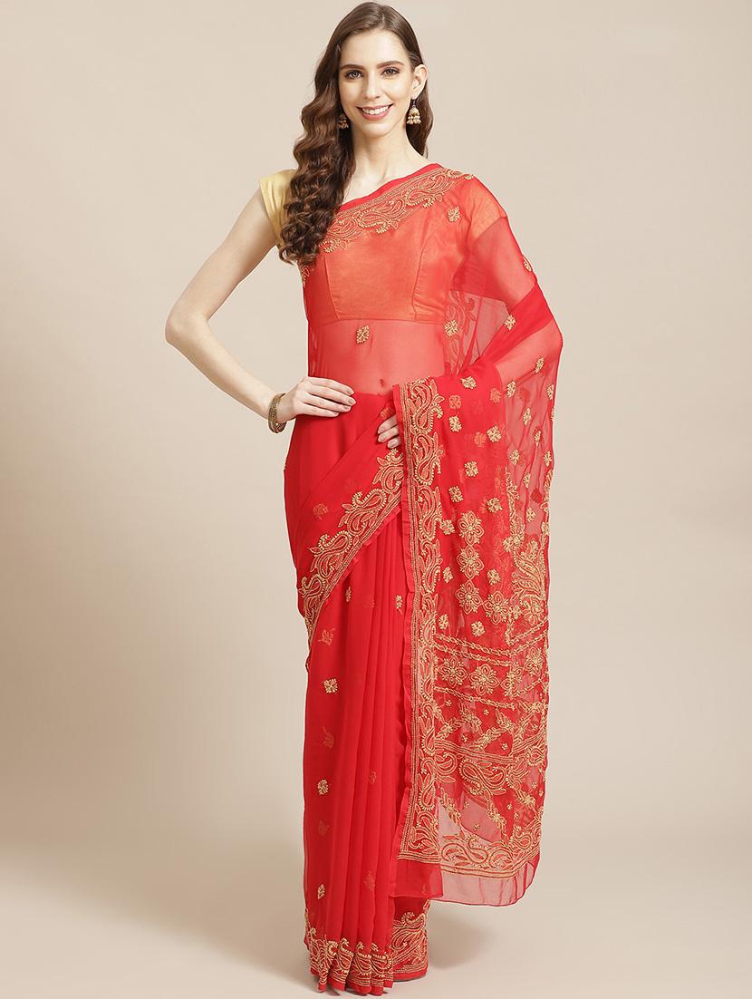women solid with work chikankari saree with blouse - 21983056 -  Zoom Image - 0