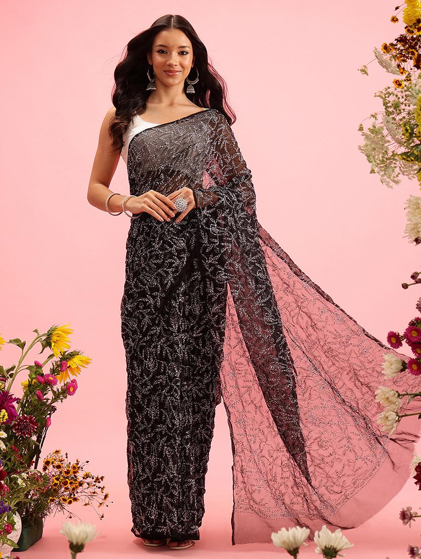 women solid with work chikankari saree with blouse - 21983097 - Zoom Image - 0
