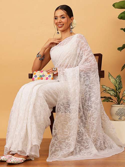 women solid with work chikankari saree with blouse - 21983098 -  Standard Image - 0