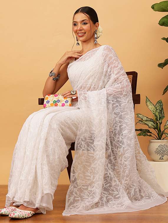 women solid with work chikankari saree with blouse - 21983098 -  Zoom Image - 0