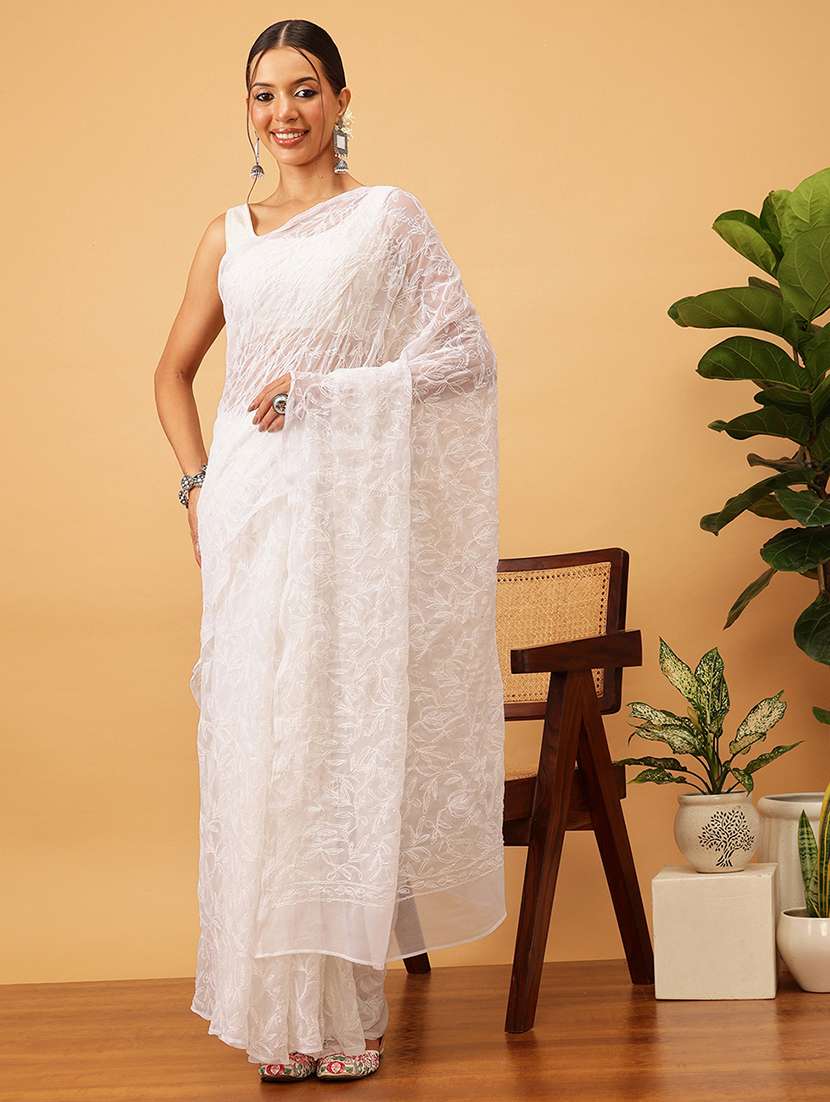 women solid with work chikankari saree with blouse - 21983098 -  Standard Image - 1