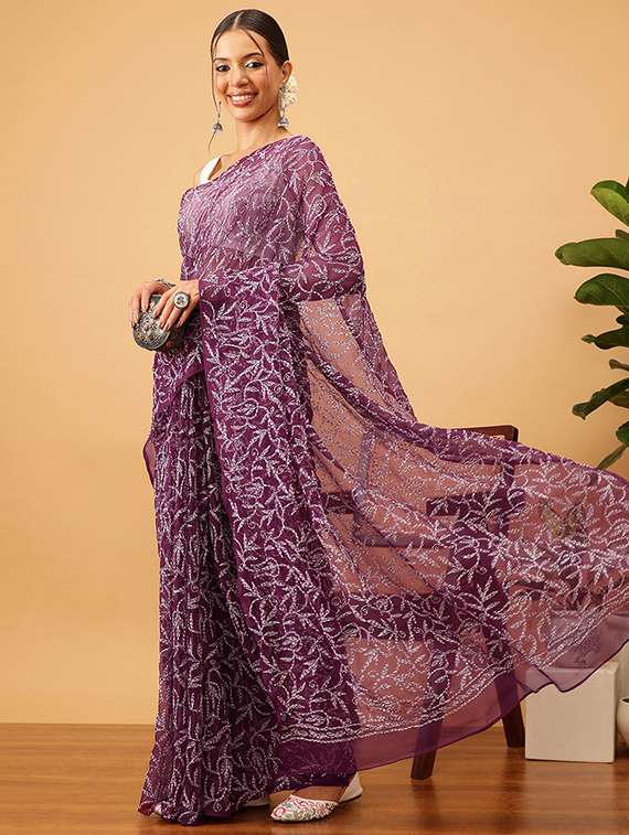 women solid with work chikankari saree with blouse
