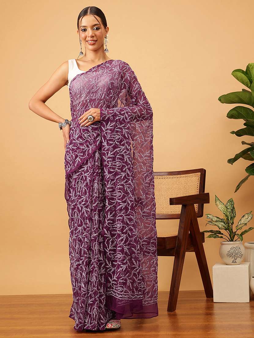 women solid with work chikankari saree with blouse - 21983099 -  Standard Image - 1