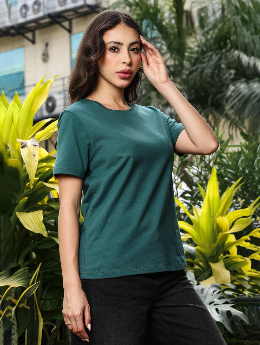 women teal solid short sleeve regular fit t-shirt - 21983142 - Standard Image - 4