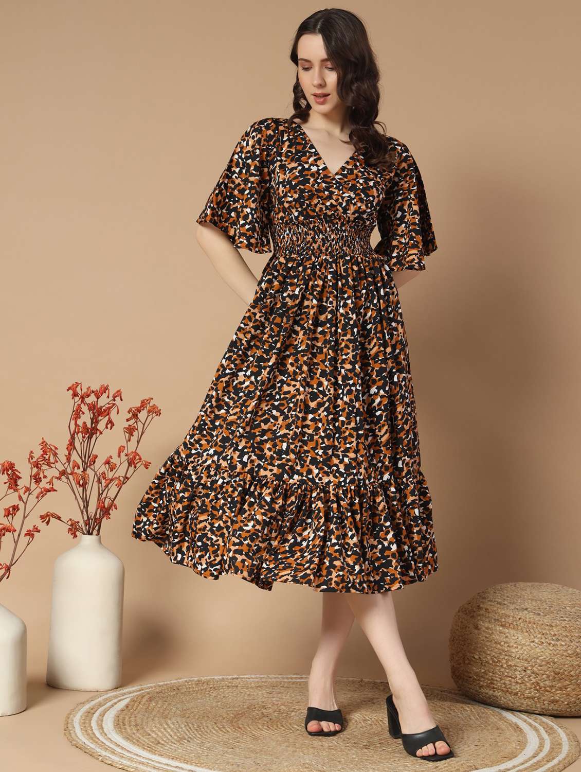 women printed flared sleeve tiered dress - 21983168 -  Standard Image - 1