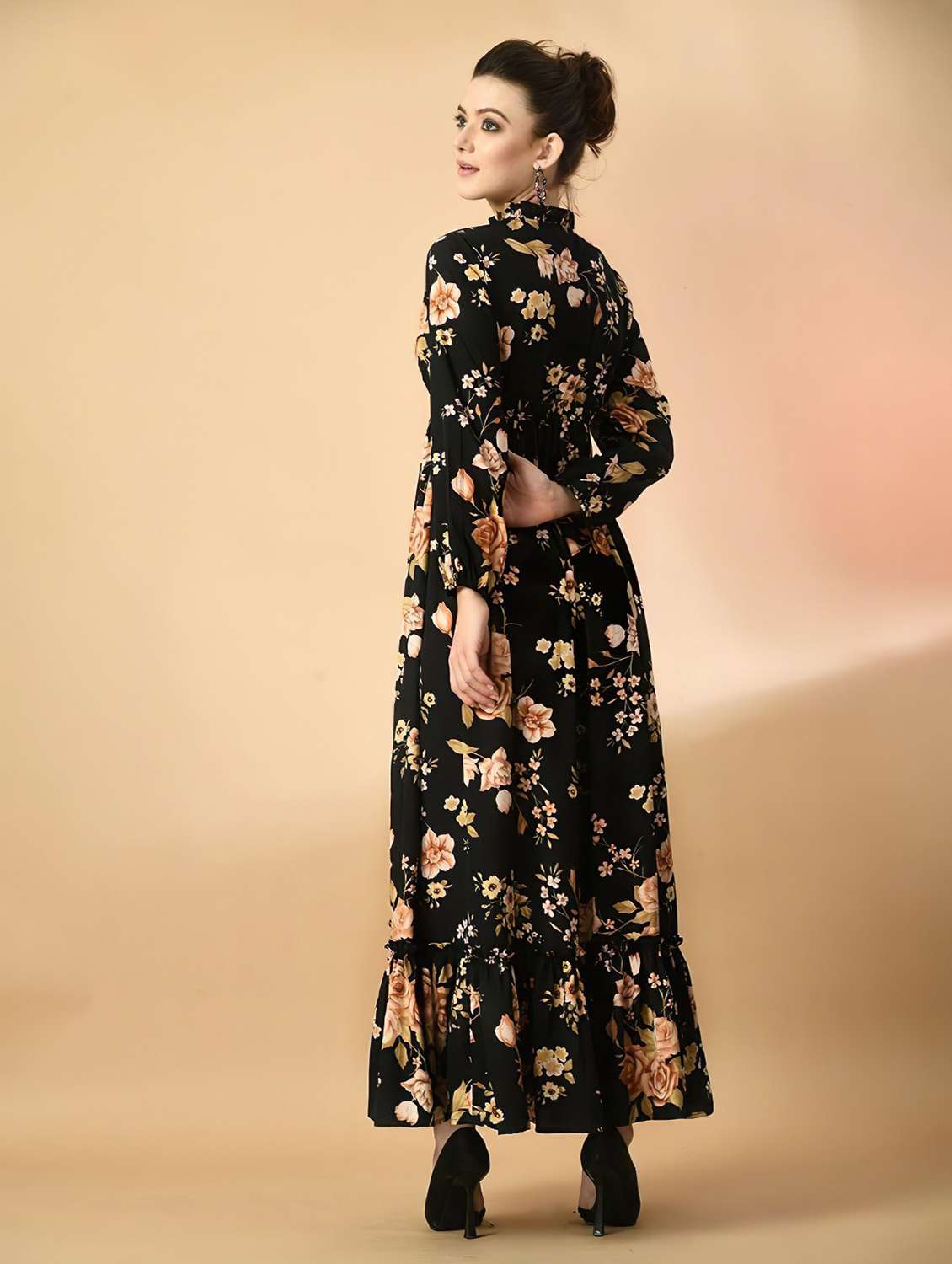 Women Printed Puff Sleeve Tiered Maxi Dress