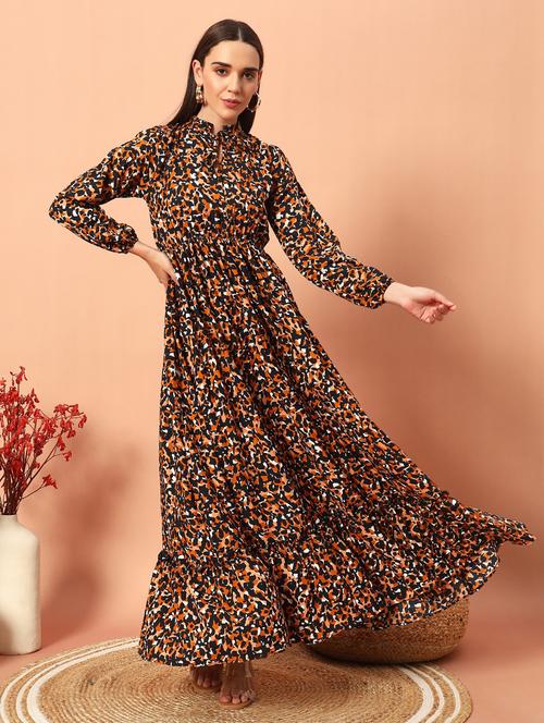 women animal print puff sleeve tiered maxi dress - 21983227 -  Standard Image - 0