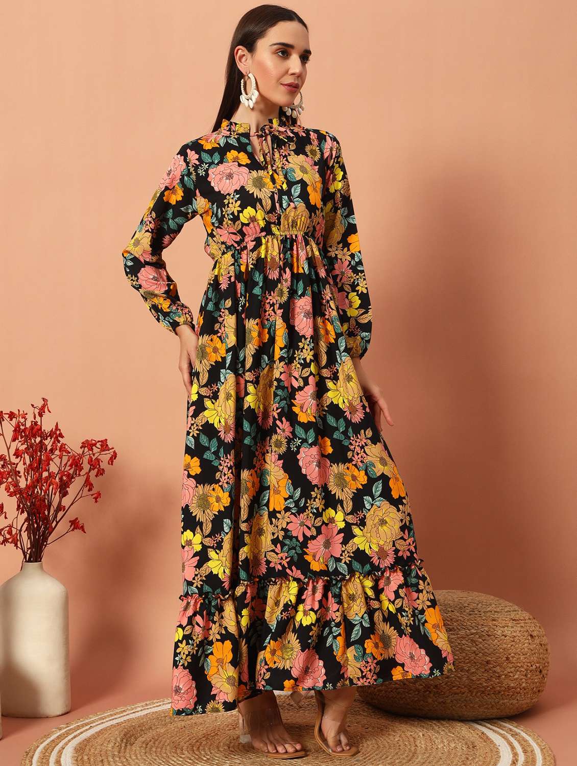 floral print tie-up neck georgette party gown