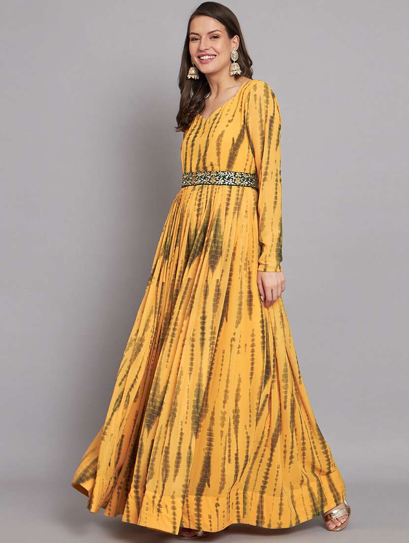 women tie & dye long sleeve fit & flare gown with waist belt - 21983244 - Standard Image - 1