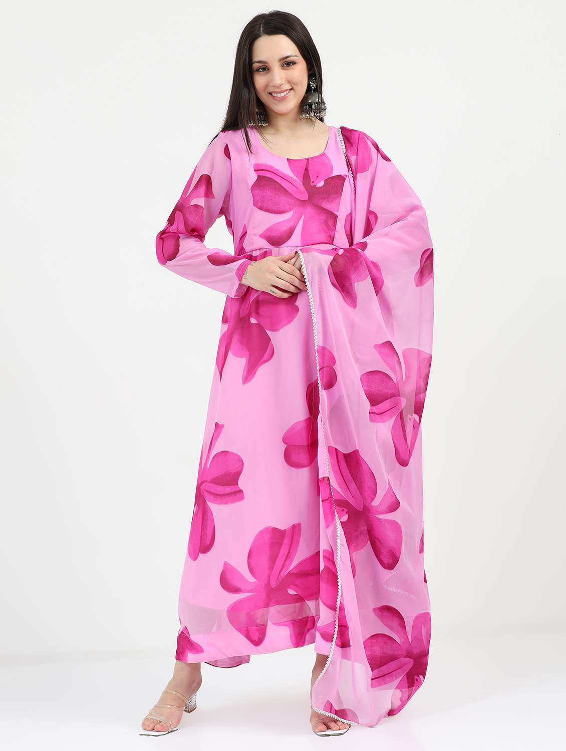 women floral print anarkali kurta and dupatta set