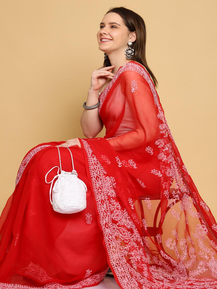 women solid with work chikankari saree with blouse - 21983322 - Standard Image - 4