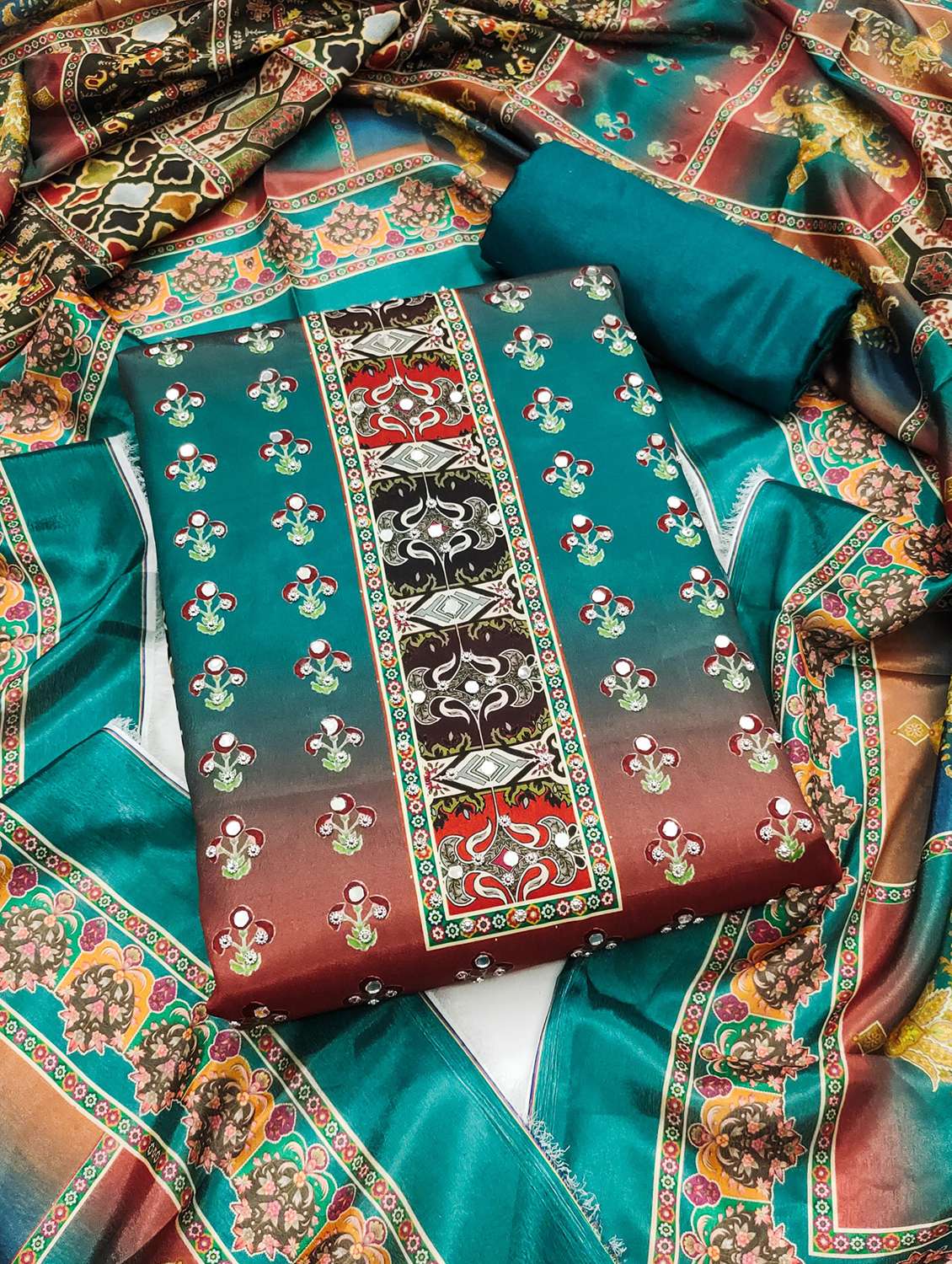 women printed embellished unstitched suit set