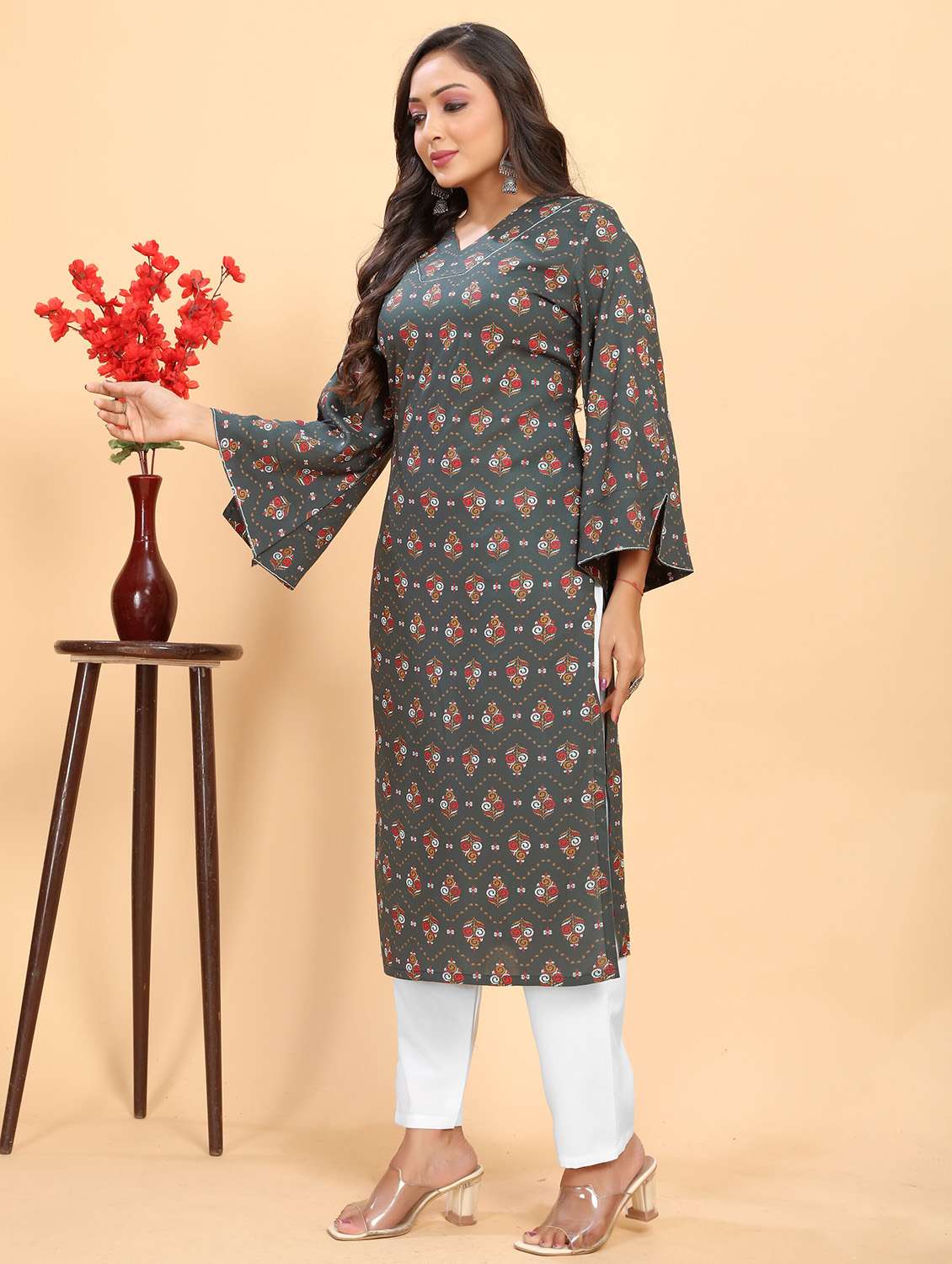 women printed three quarter sleeve kurta pant set - 21983413 -  Standard Image - 1