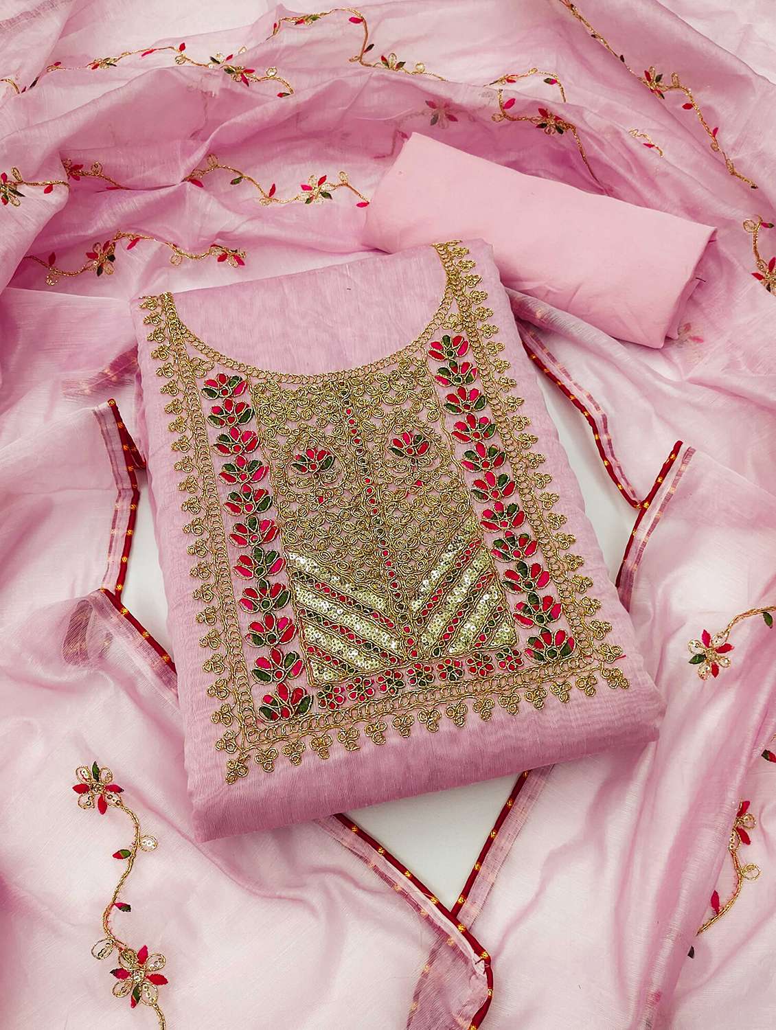 women solid with work embroidered unstitched suit set