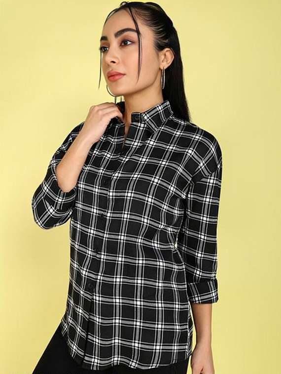 women black checkered collared regular fit shirt