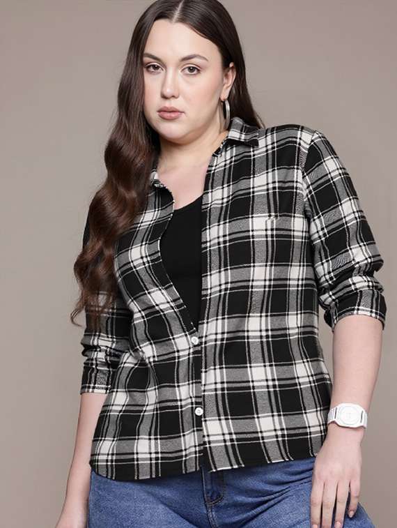 women plus size black checkered collared regular fit shirt - 21983445 -  Standard Image - 1