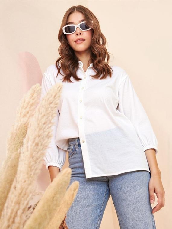 women white solid mandarin collar relaxed fit shirt