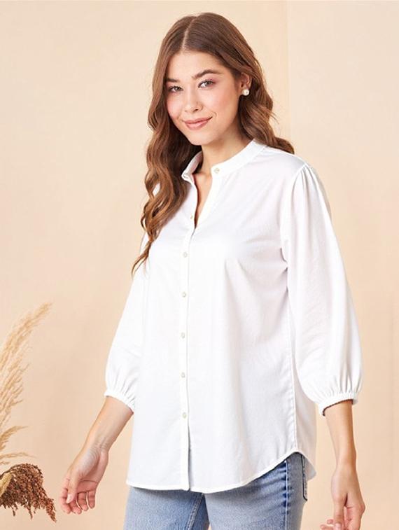 women white solid mandarin collar relaxed fit shirt - 21983453 - Standard Image - 1