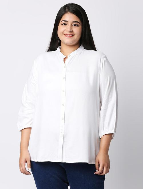 women plus size white solid mandarin collar shirt - 21983455 - Standard Image - 0