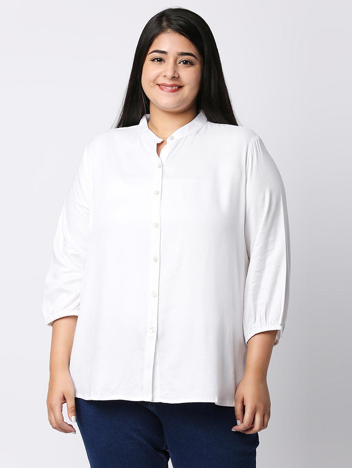 women plus size white solid mandarin collar shirt - 21983455 - Zoom Image - 0