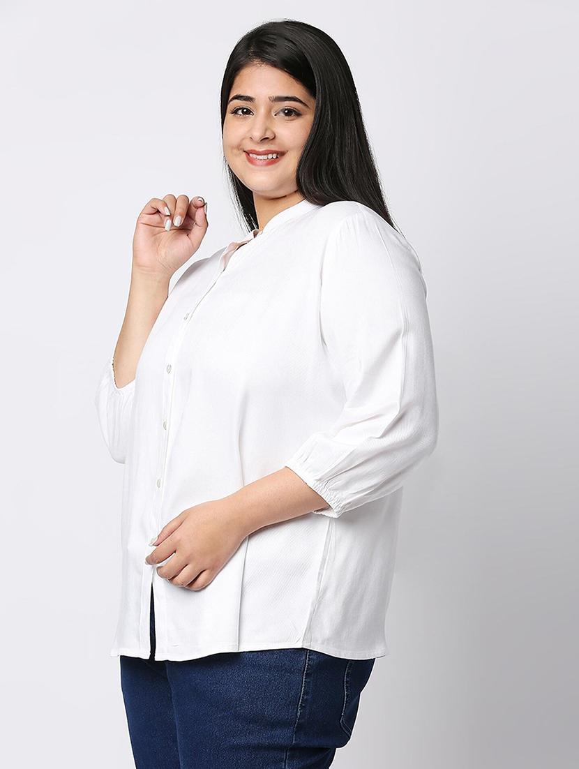 women plus size white solid mandarin collar shirt - 21983455 - Standard Image - 1