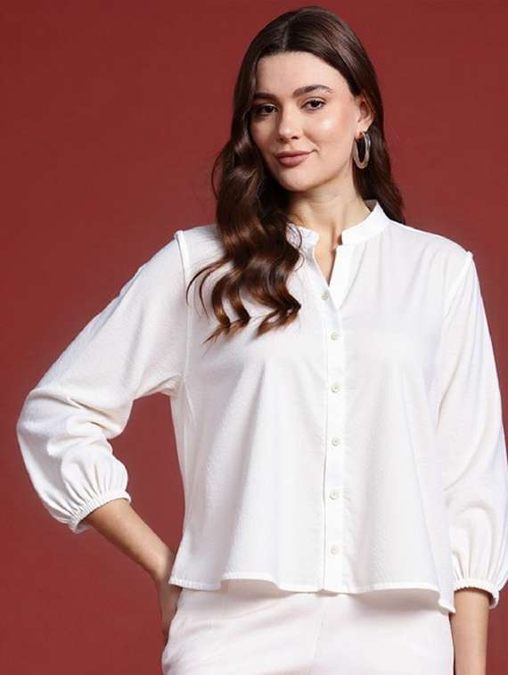 women white solid mandarin collar shirt