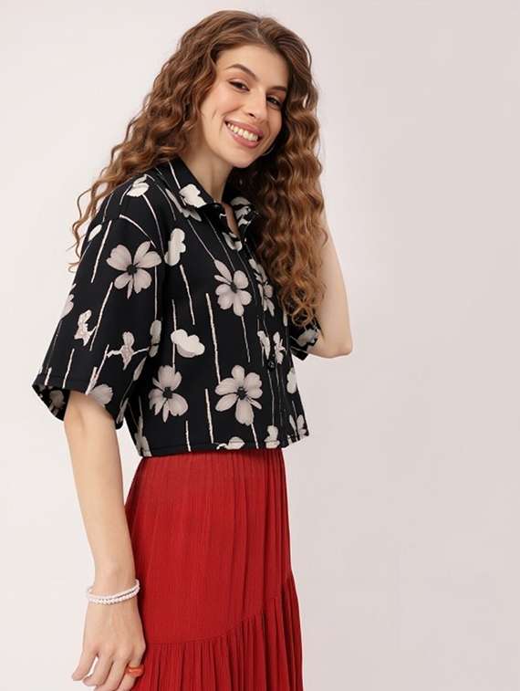women printed collared short sleeve crop shirt - 21983457 -  Standard Image - 1