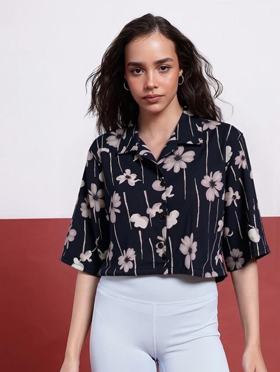 women printed collared short sleeve crop shirt - 21983459 - Standard Image - 1