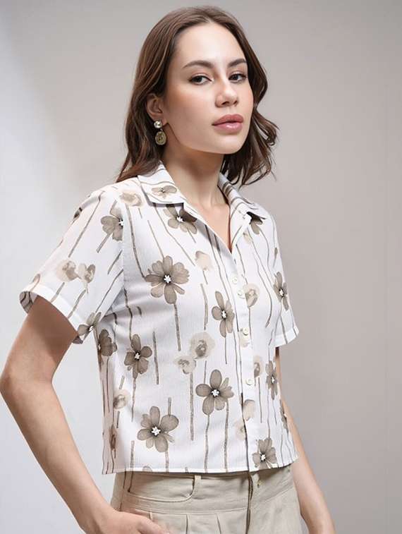 women printed collared short sleeve crop shirt - 21983464 -  Standard Image - 1