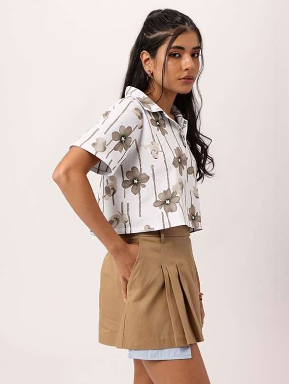 women printed collared short sleeve crop shirt - 21983466 -  Standard Image - 1