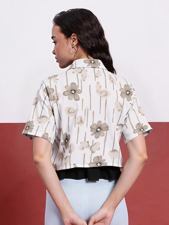 women printed collared short sleeve crop shirt - 21983468 - Standard Image - 1
