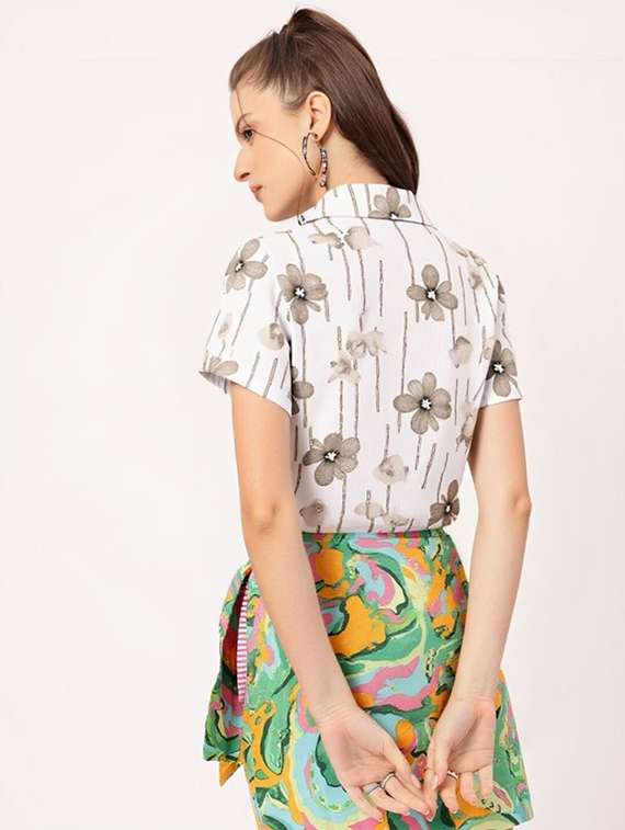 women printed collared short sleeve crop shirt - 21983474 -  Standard Image - 1