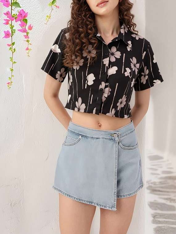 women printed collared short sleeve crop shirt - 21983477 - Standard Image - 1