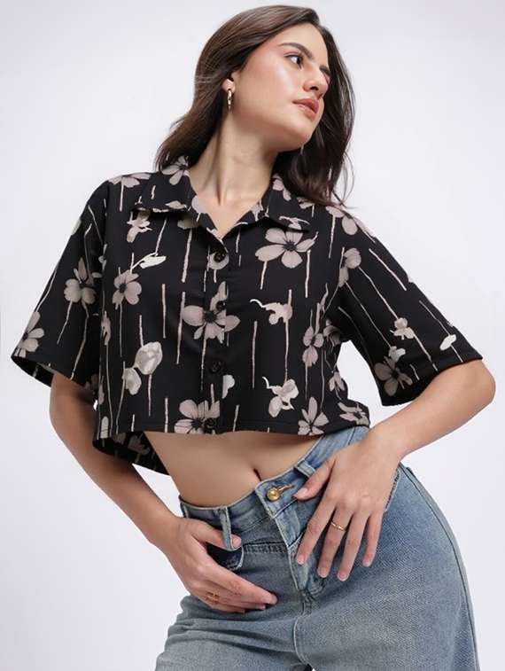 women printed collared short sleeve crop shirt - 21983483 -  Standard Image - 1