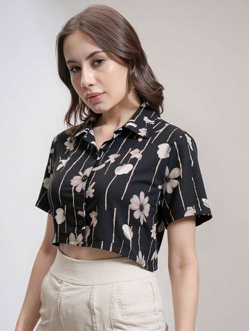 women printed collared short sleeve crop shirt - 21983487 -  Standard Image - 0