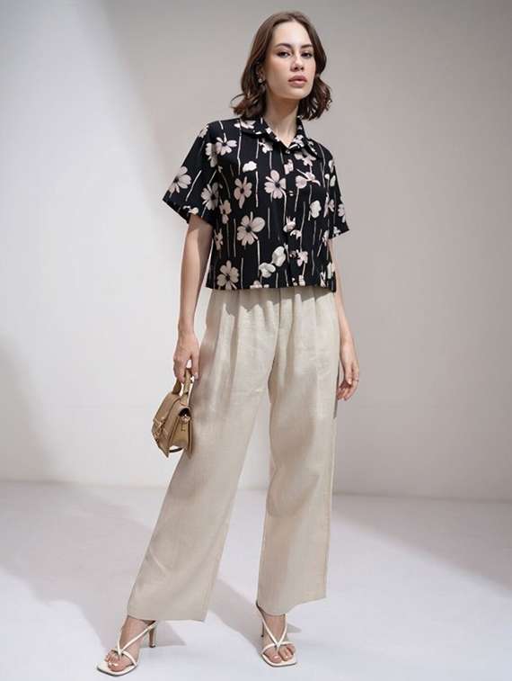 women printed collared short sleeve crop shirt - 21983487 -  Standard Image - 1