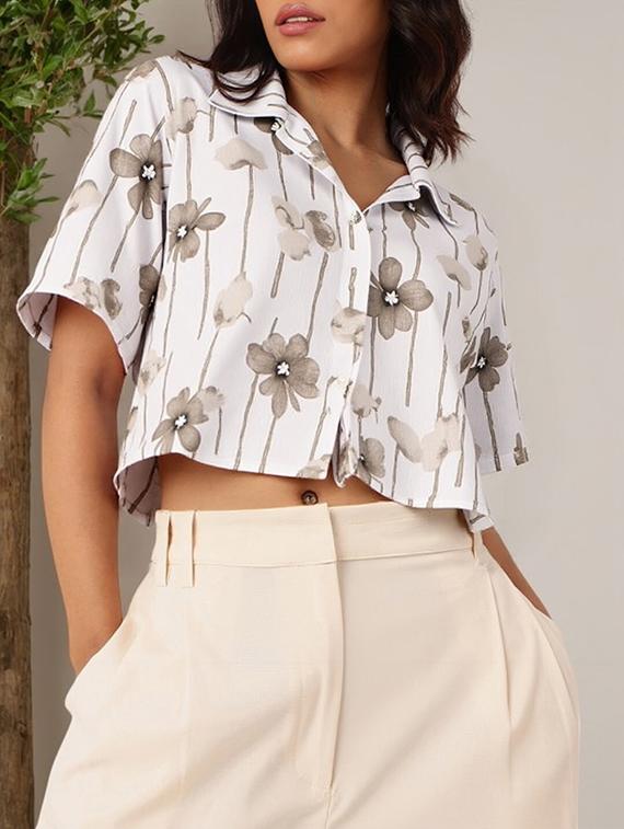 women printed collared short sleeve crop shirt - 21983490 - Standard Image - 1