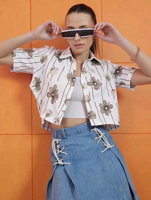 women printed collared short sleeve crop shirt - 21983492 -  Standard Image - 0