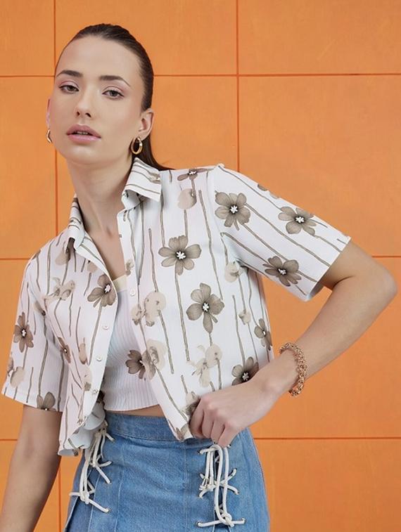 women printed collared short sleeve crop shirt - 21983492 -  Standard Image - 1