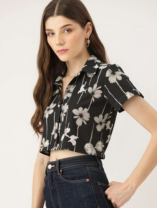 women printed collared short sleeve crop shirt - 21983493 - Standard Image - 0