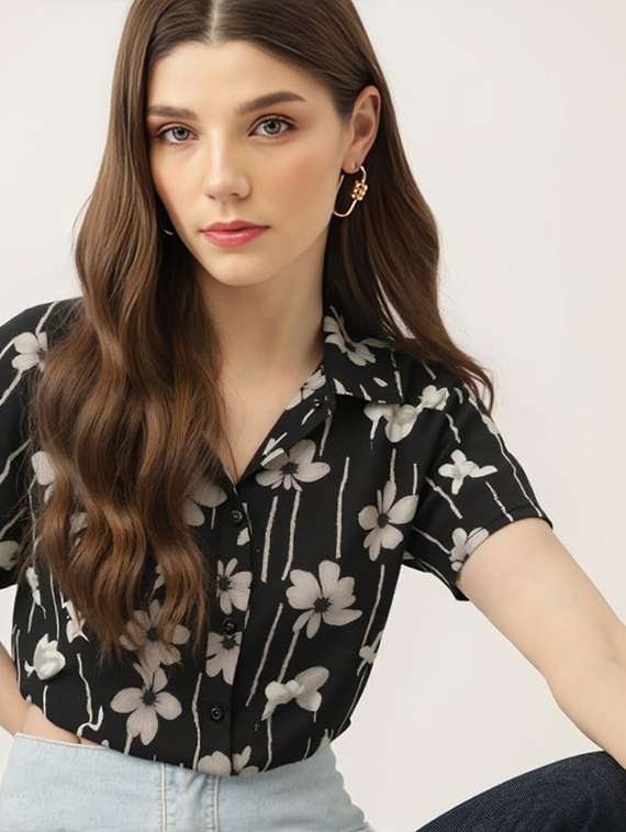 women printed collared short sleeve crop shirt - 21983493 -  Standard Image - 1