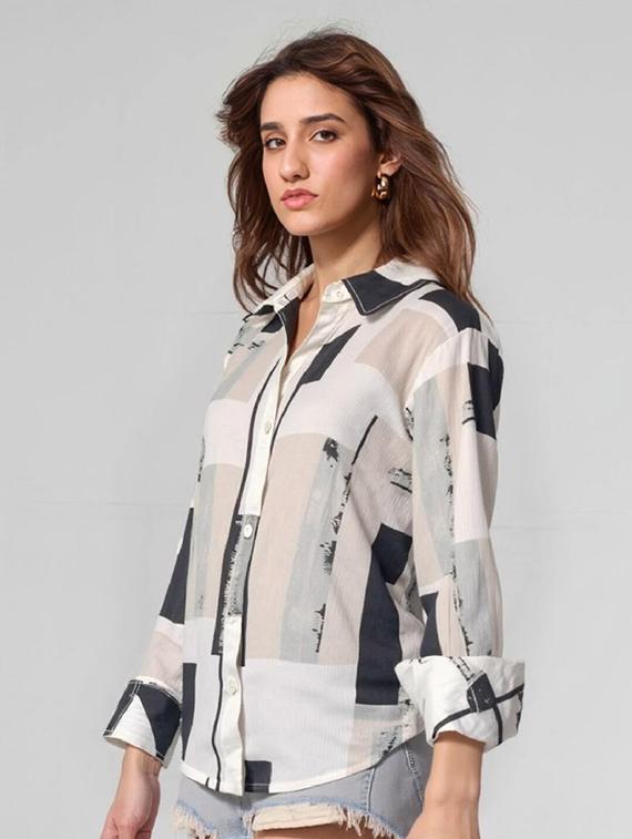women printed long sleeve collared shirt - 21983503 - Standard Image - 1