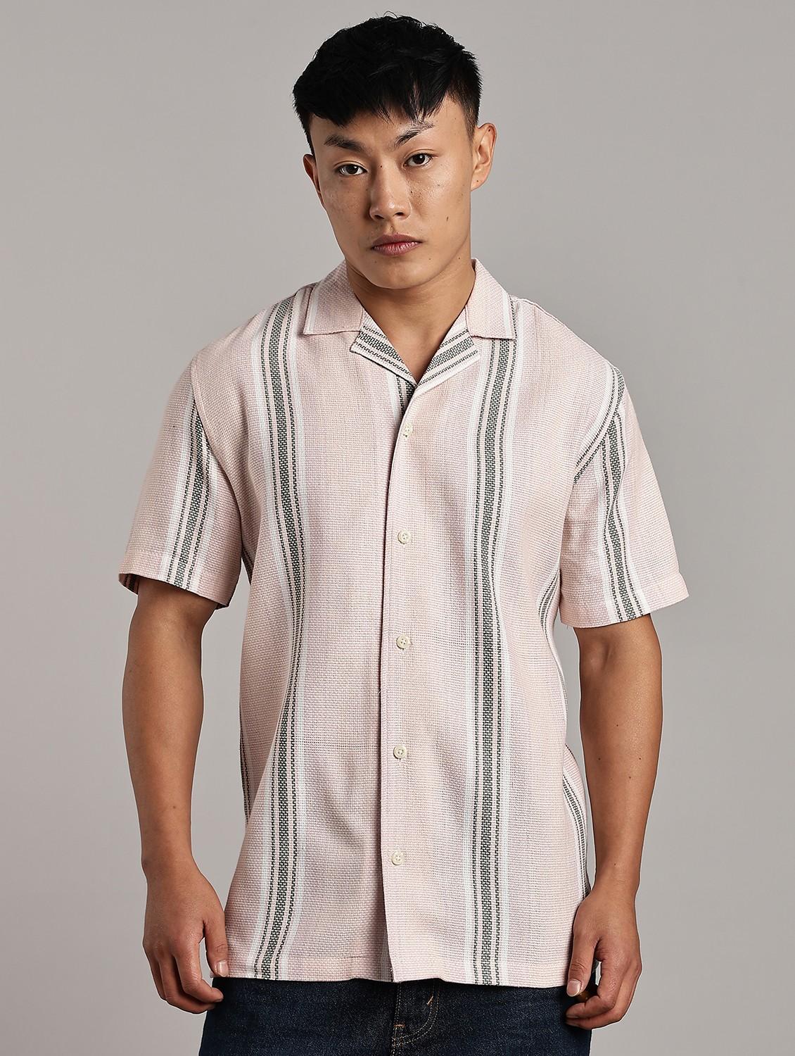 men striped short sleeve loose fit casual shirt - 21983510 - Standard Image - 1
