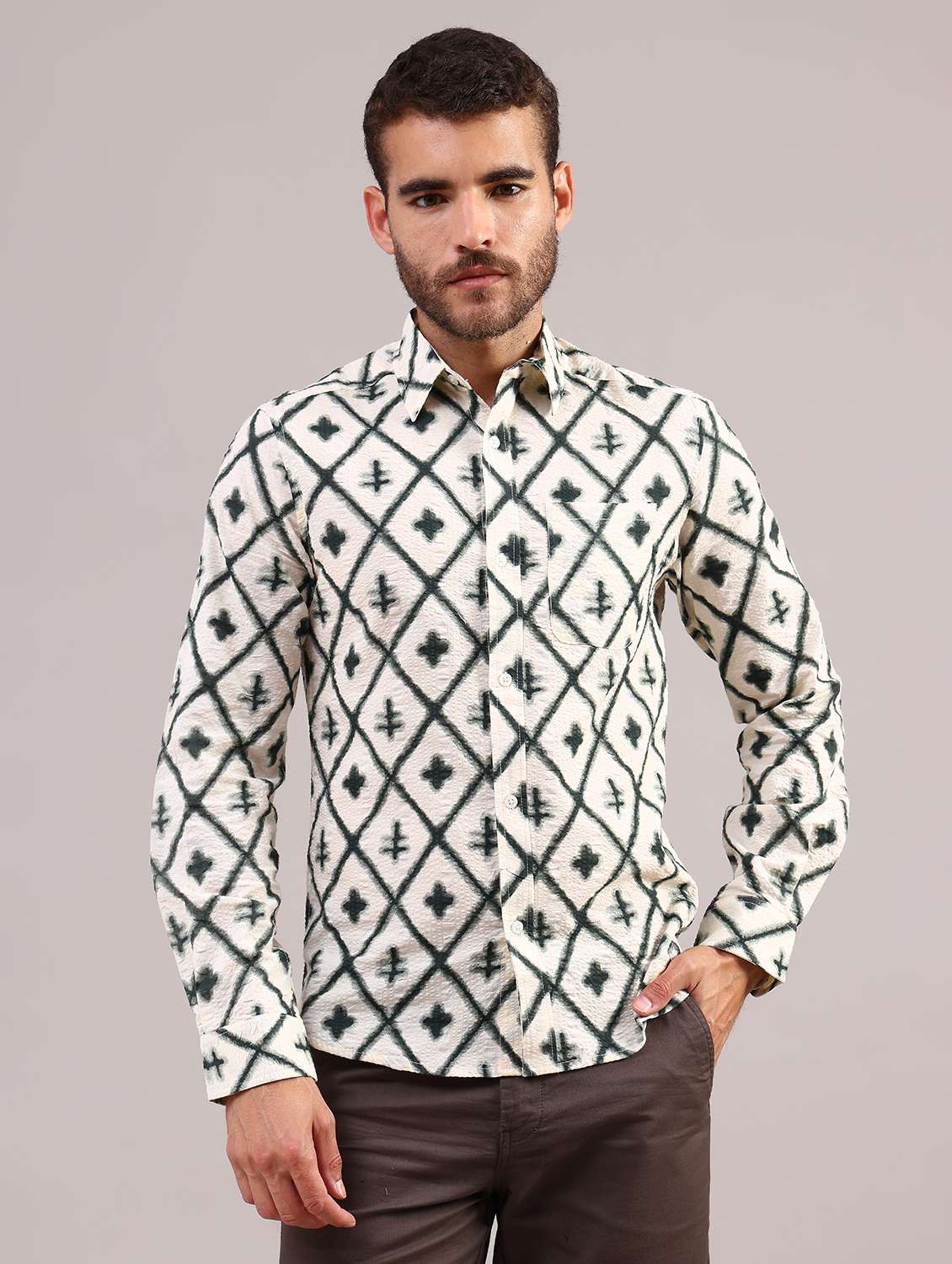 men printed collared long sleeve shirt - 21983924 -  Standard Image - 1